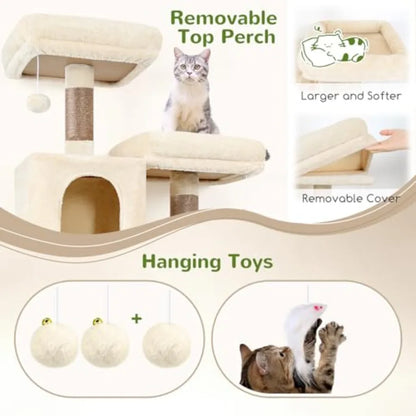 76-Inch Extra Tall Cat Tree Tower with Cozy Condos Hammock and Perches for Adult Cats Beige Multi-Level Furniture for Climbing