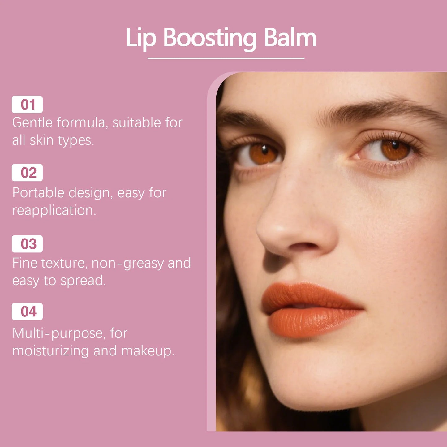 Plumping Lip Balm: Moisturizes and softens lips with a silky, non-sticky texture, ideal for daily care.