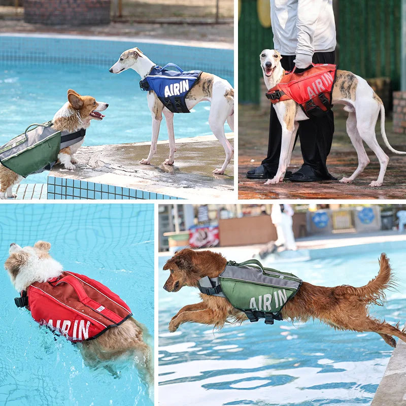 Dog Life Jacket with Airbag & Reflective Strips, Adjustable Dog Vest for Swimming Safety, Oxford Cloth, S/M/L, Red/Army/Blue