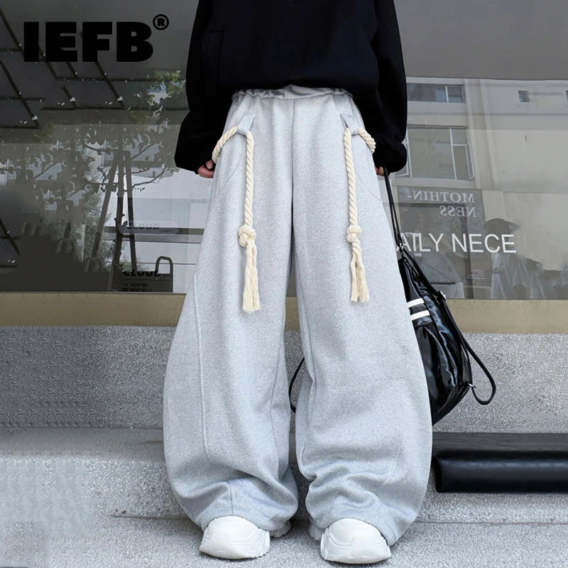 IEFB Handmade Thick Rope Design Men Women Casual Pants Solid Color Elastic Waist Sweatpants Wide Leg Male Curved Knife Trousers 9X654
