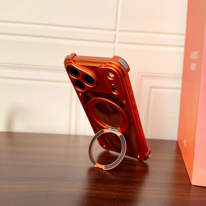 Luxury Metal Frame Walnut Wood Frameless Phone Case For iPhone 17 16 15 14 Pro Max Magsafe Magnetic 360 Rotating Bracket Cover