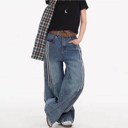 High Waist Loose Straight Leg Jeans American Stripe Splicing Unisex Spring Summer Autumn Winter Vintage Long Trousers