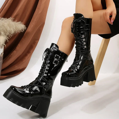 New Women's Fashion Mid Tube Boots Lace Up High Platform Wedge Boots New Women's Fashion Solid Color Boots