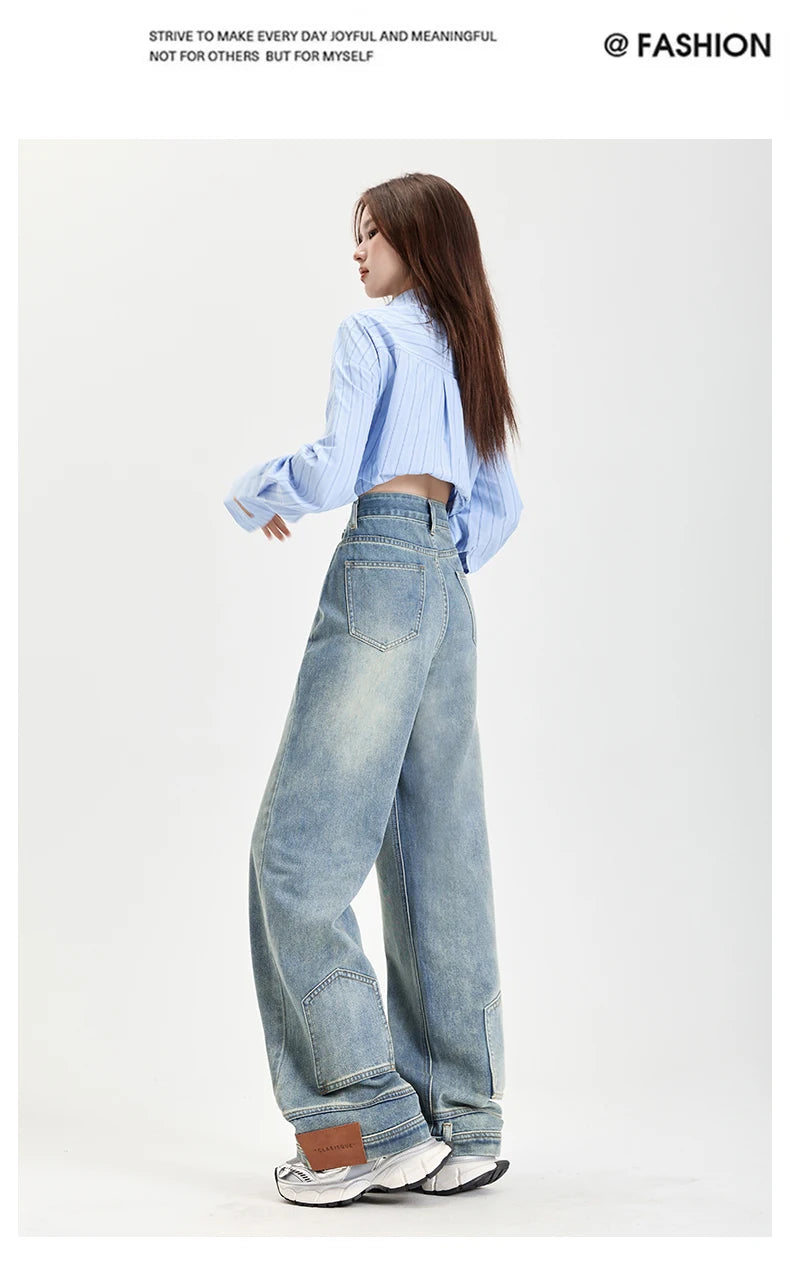 Ins Fashion American Retro Baggy High Waisted Jeans Woman High Street Denim Pants Reversible Trousers Streetwear Y2K Loose Jeans