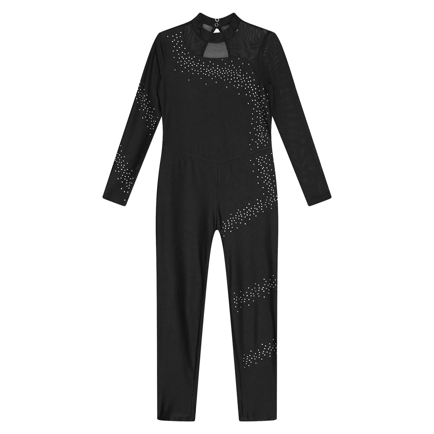 Kids Girls Ballet Dance Gymnastics Leotard Figure Skating Acrobatics Yoga Bodysuit Long Sleeve Shiny Rhinestone Mesh Jumpsuit