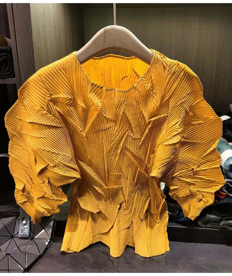 LANMREM New Batwing Sleeve Pleated Women's T-shirt American Style Loose Versatile Chic Round Collar Pullover Tops 2DB6558