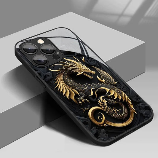 Luxury Golden Dragon Pattern Tempered Glass Black Phone Case For Samsung Galaxy S25 S24 S23 Ultra Plus FE Shockproof Cover