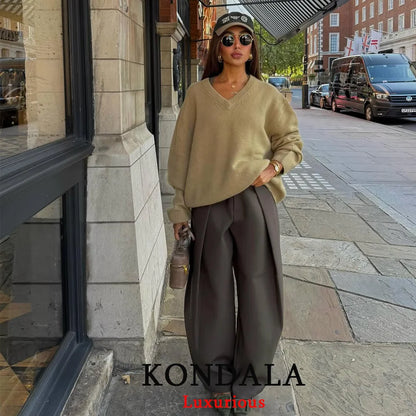 KONDALA Casual Chic Wide Leg Pants Women Office Lady Pockets Pleated Long Trousers Fashion 2026 Spring Summer Streetwear Pants