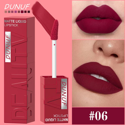 DUNUF  8-color matte velvet smooth easy-to-apply square tube lip gloss waterproof three-dimensional plumping lipstick