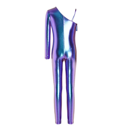 Kids Girls Metallic Shiny Ballet Dance Unitards Figure Skating Acrobatics Gymnastics Leotard One Shoulder Long Sleeve Jumpsuit