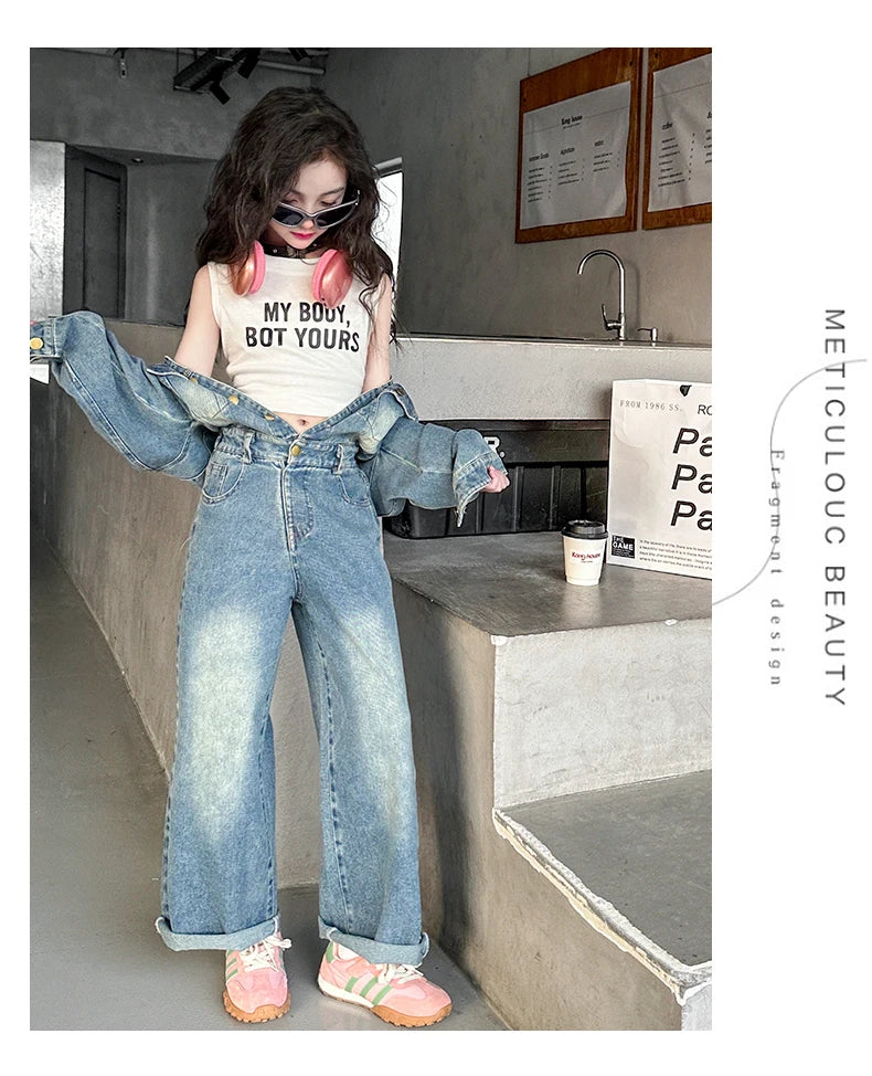 2025 Spring teen Kids girl Denim Jumpsuits Long Sleeve Overalls Children Fashion Jeans Loose Trousers Korean junior Girls Outfit