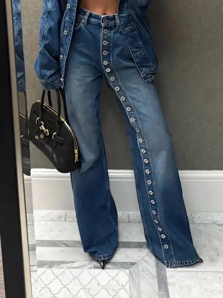 SHENGPALAE European And American Style Single-sided Multi Button Straight Leg Jeans For Women 2026 New