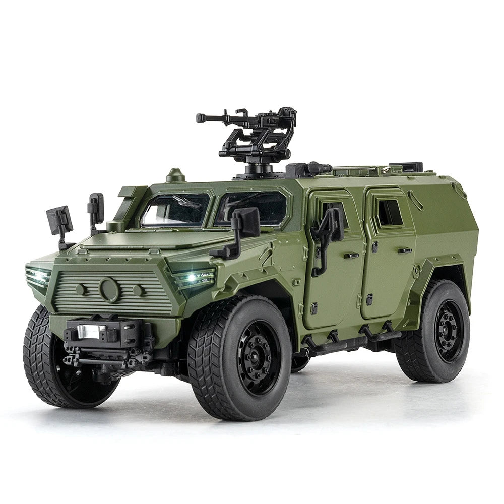 Dongfeng M-Terrain 1:18 Alloy Car Toys Miniature Model Diecast Military Vehicle Sound Light Pull Back Doors Opened Kid Xmas Gift