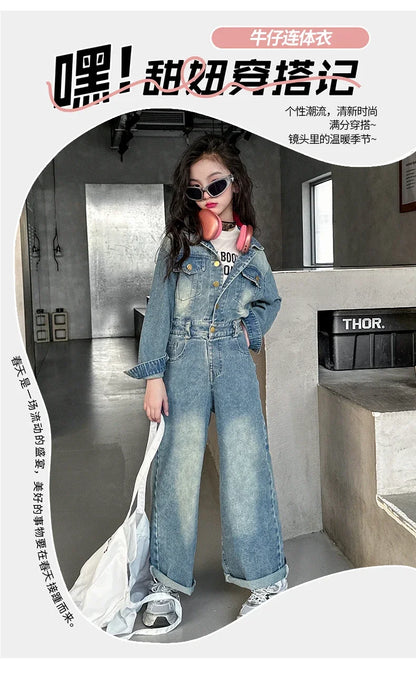 2025 Spring teen Kids girl Denim Jumpsuits Long Sleeve Overalls Children Fashion Jeans Loose Trousers Korean junior Girls Outfit