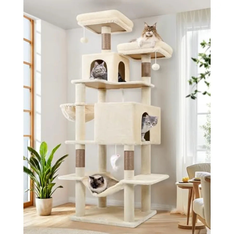 76-Inch Extra Tall Cat Tree Tower with Cozy Condos Hammock and Perches for Adult Cats Beige Multi-Level Furniture for Climbing