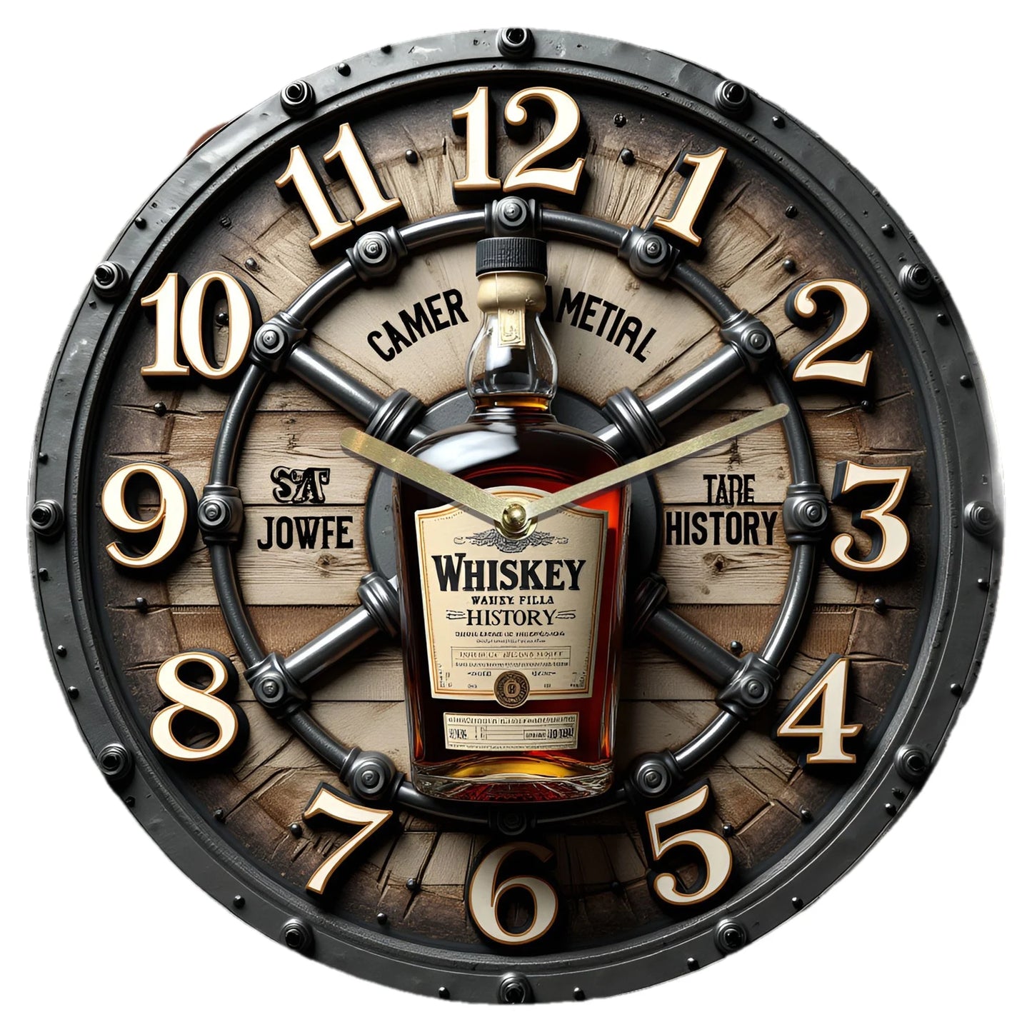 Whiskey Barrel Wall Clock - Silent Non-Ticking Modern Minimalist Round Acrylic Clock with Barrel Design,  Large Face for Living