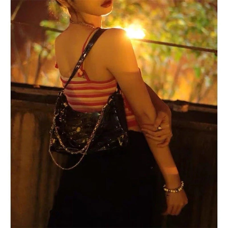 Gothic Dark Punk Underarm Bag With Skull Shoulder Bag Y2k Chain Crocodile Pattern Crossbody Bag  Popular Aesthetic Bags