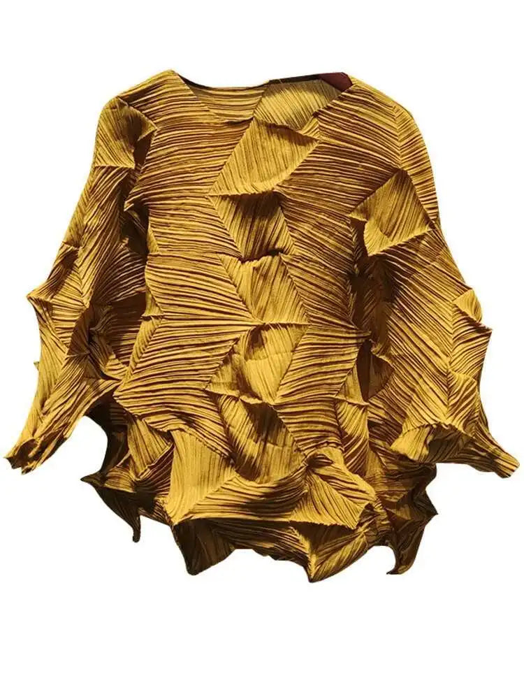 GVUW Elegant Diamond Pleated T-shirt Women Summer Fashion Three Quarter Sleeve O-neck Pullover Female Loose Clothing 17D585