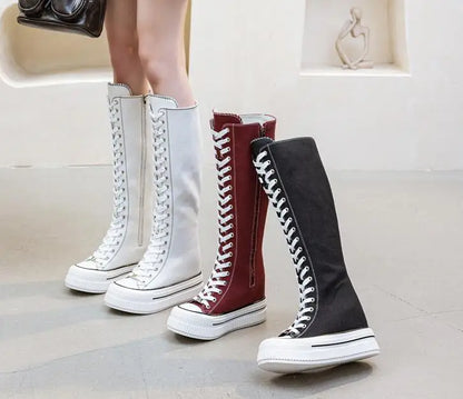 NEW Luxury Platform Boots Women Canvas Casual High Top Shoes Long Boot Lace-Up Zipper Comfortable Flat Sneakers Tenis Feminino