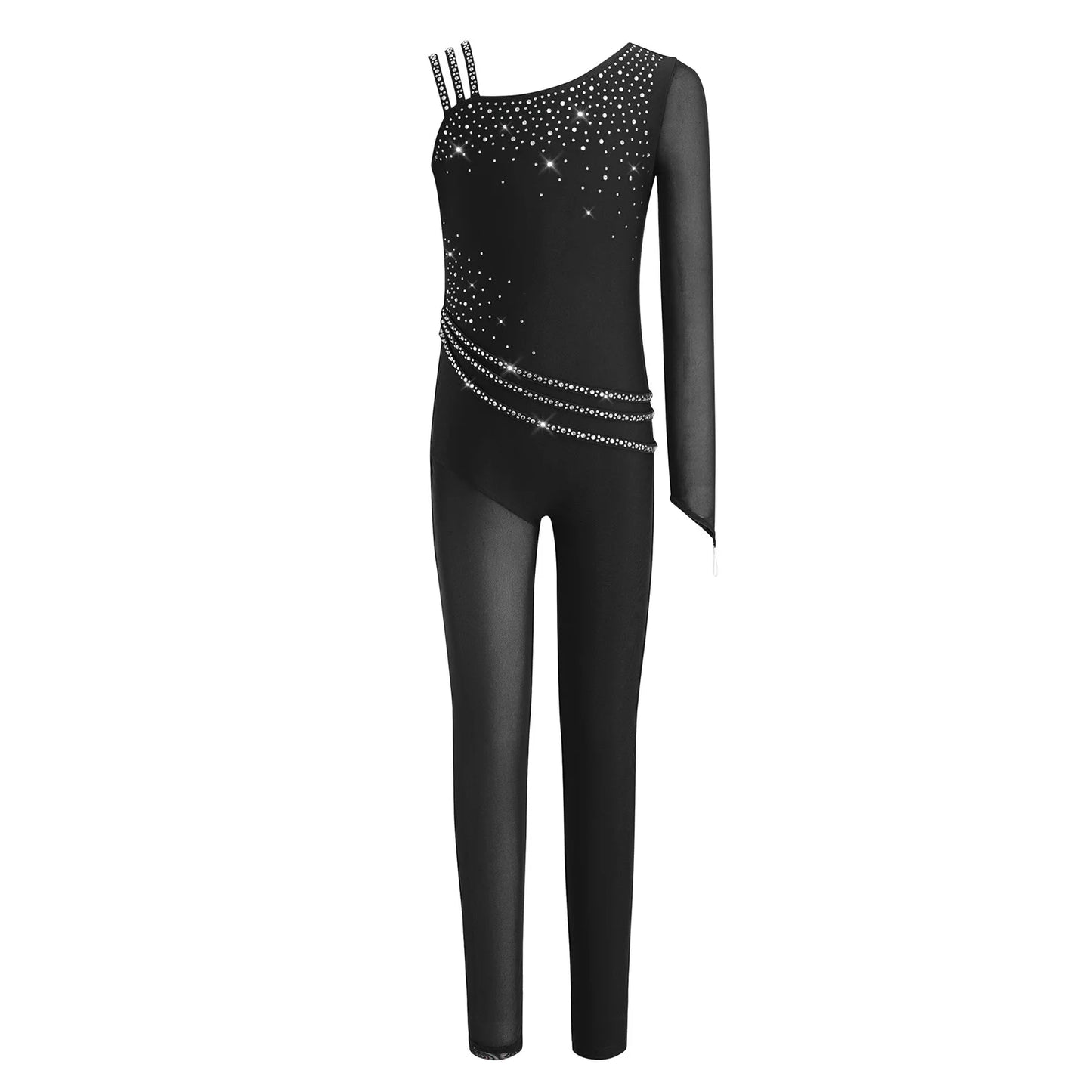 Kids Girls Ballet Dance Gymnastics Leotard Shiny Rhinestones Mesh Asymmetrical Jumpsuit for Figure Skating Acrobatic Performance