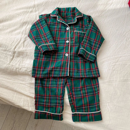 2025 New Christmas Children's Pajama Sets Plaid Print Clothing Set Button Full Sleeve 2 Pcs Suit Homewear Thin Pyjamas Xmas Look