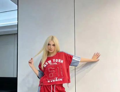 European Casual Suit Women's 2026 Spring and Summer New Letter-printed Trousers Denim Splicing Ripped Short-sleeved Top