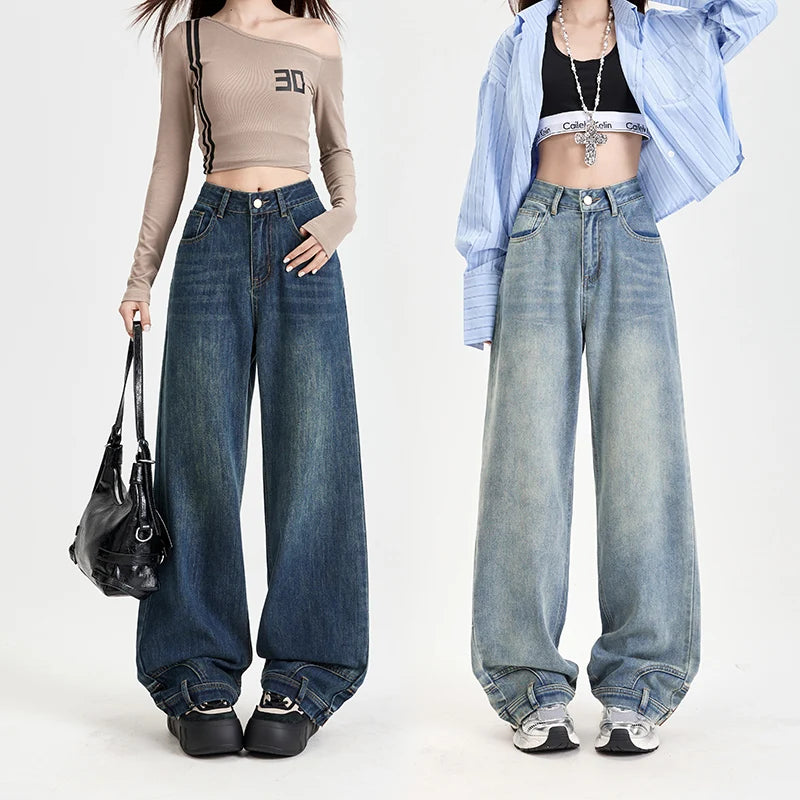 Ins Fashion American Retro Baggy High Waisted Jeans Woman High Street Denim Pants Reversible Trousers Streetwear Y2K Loose Jeans