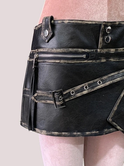 Mauroicardi Summer Cool Distressed Black Faux Leather Mini Asymmetrical Skirt Woman High Waist Short Luxury Designer Emo Clothes