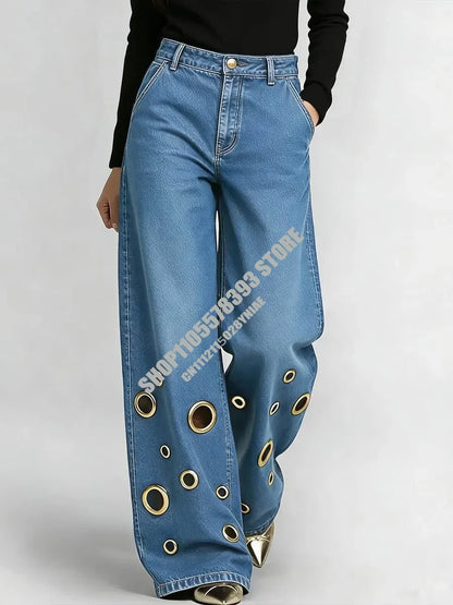 American High Street Straight Leg Jeans Women Metal Ring Hollow Long Jeans Autumn Casual High Waist Pockets Baggy Denim Pants