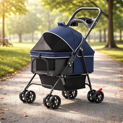Foldable Pet Transport Cart Carrier for Small Dogs Cats Portable Rolling Travel Cart with Detachable Carrier Bag Oxford Cloth