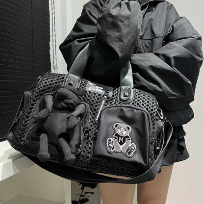 Ladies' fashionable mesh splicing casual handbag with multiple pockets, teddy bear doll, single shoulder diagonal cross bag
