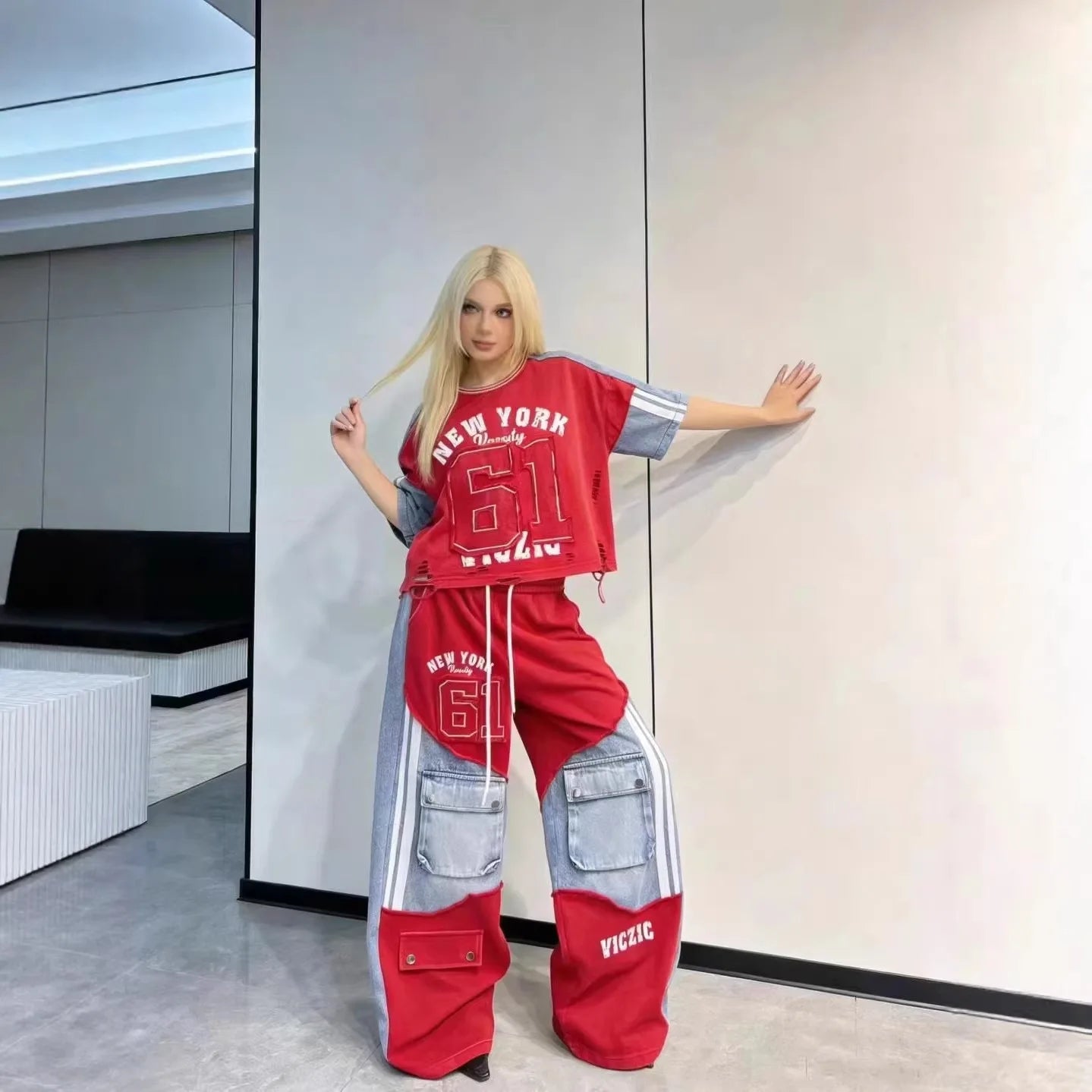 European Casual Suit Women's 2026 Spring and Summer New Letter-printed Trousers Denim Splicing Ripped Short-sleeved Top