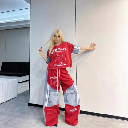 European Casual Suit Women's 2026 Spring and Summer New Letter-printed Trousers Denim Splicing Ripped Short-sleeved Top