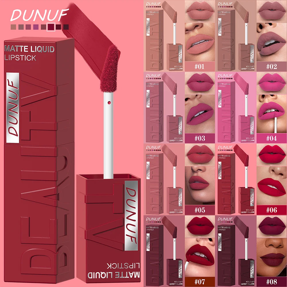 DUNUF  8-color matte velvet smooth easy-to-apply square tube lip gloss waterproof three-dimensional plumping lipstick
