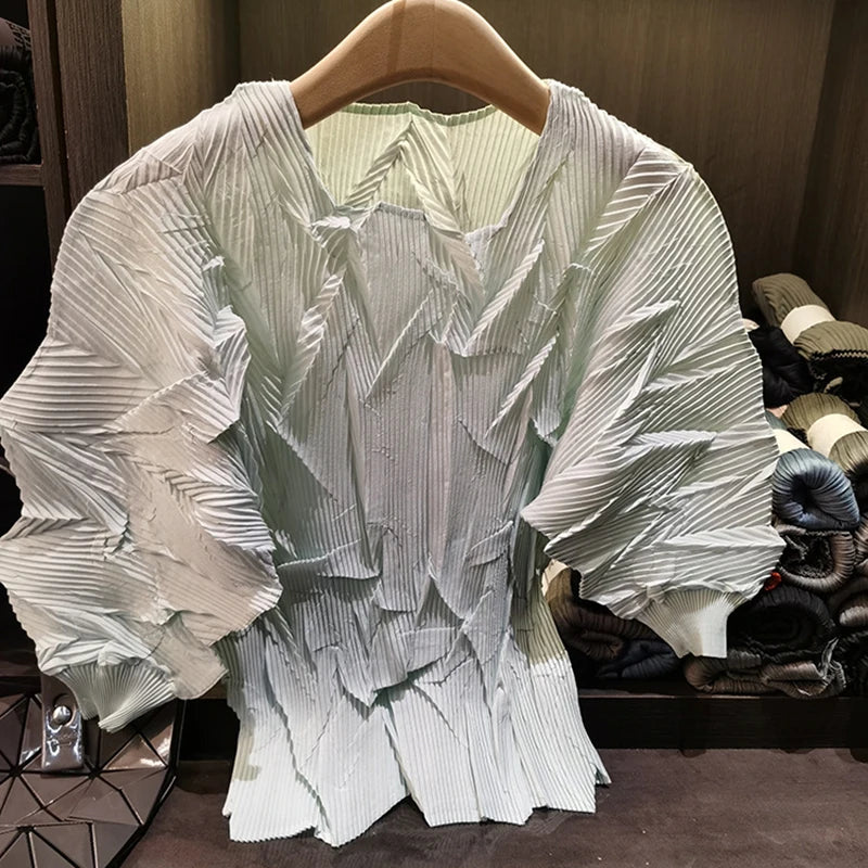 LANMREM New Batwing Sleeve Pleated Women's T-shirt American Style Loose Versatile Chic Round Collar Pullover Tops 2DB6558