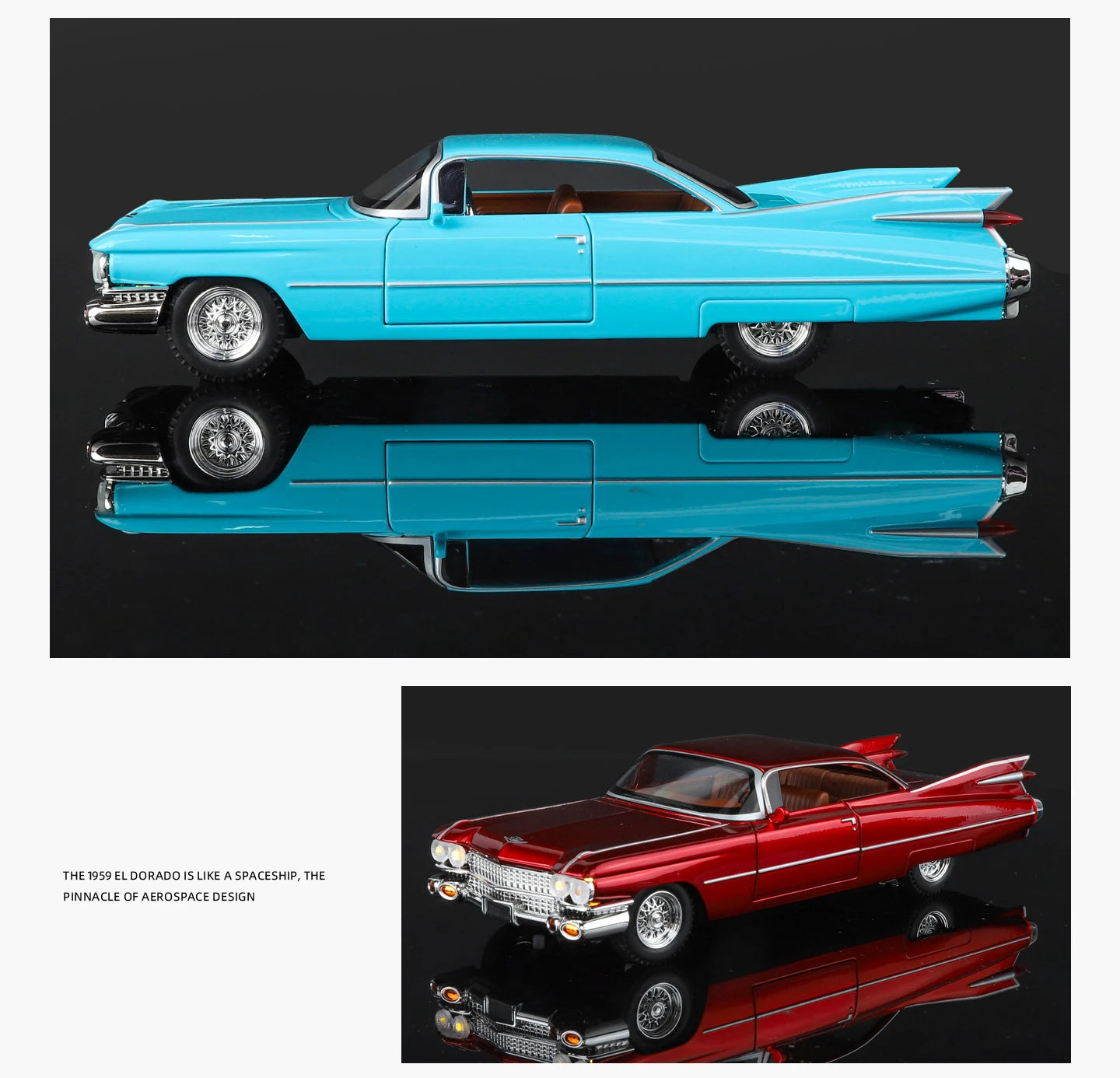 Cadillac Eldorado 1959 Metal Diecast Retro Car Model 1/24 Scale Sound and Light Back Pull Boy Gift Ornament Halloween Toys