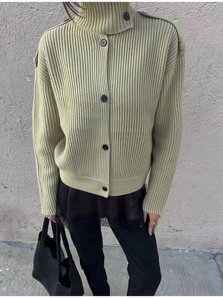 Women Solid Stand Neck Knitted Cardigan Casual Elegant Full Sleeve Fit Short Sweater 2026 Lady Winter Daily Commuting Knitwear