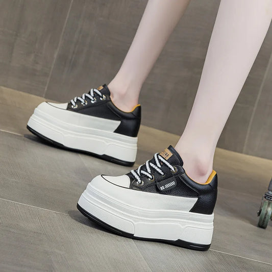 9cm 3 inch comfortable platform sneakers for women Genuine Leather Women Vulcanized Shoes Platform High Heels Casual Shoes 2026