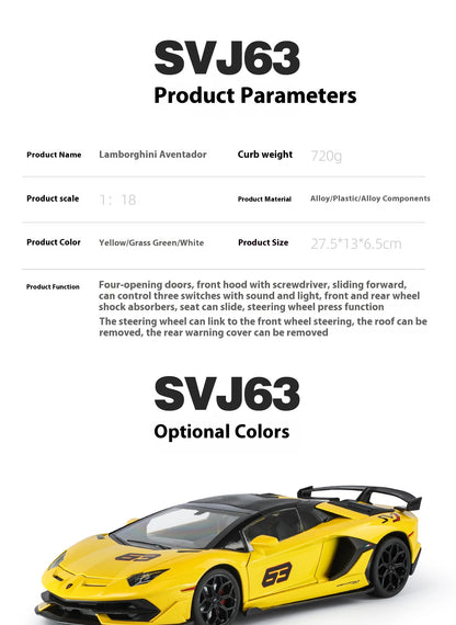 Large 1/18 Aventador SVJ Supercar Model Simulation Interior Details Adult Collection Ornaments