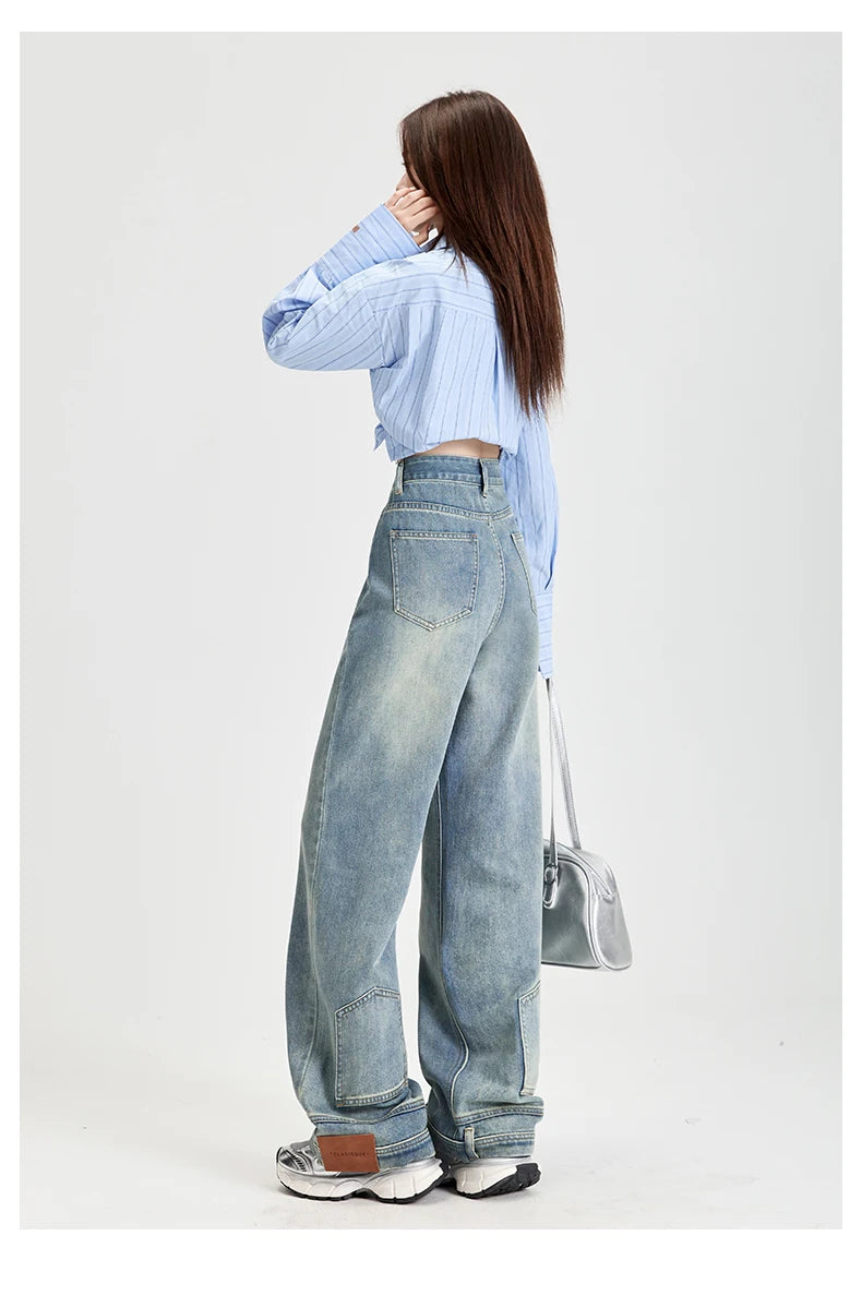 Ins Fashion American Retro Baggy High Waisted Jeans Woman High Street Denim Pants Reversible Trousers Streetwear Y2K Loose Jeans