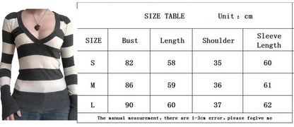 Y2K Grunge Emo 00s Vintage T Shirt Black Grey Striped V Neck Long Sleeve Jumper Tops Chic Women Autumn Retro Mall Goth Tees