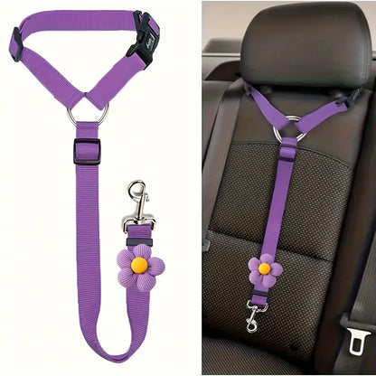 Pet Car Seat Adjustable (40-70cm)Belt Dog Cat Safety Harness Leash with Flower Decor for Dogs Travel Collar Pet Accessories