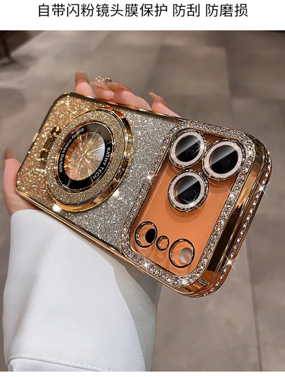 Suitable for iPhone17/16/15/14/13/12/11 Case With Lens Film 16 Anti-drop 15 Rhinestone Glitter Magnetic Stand
