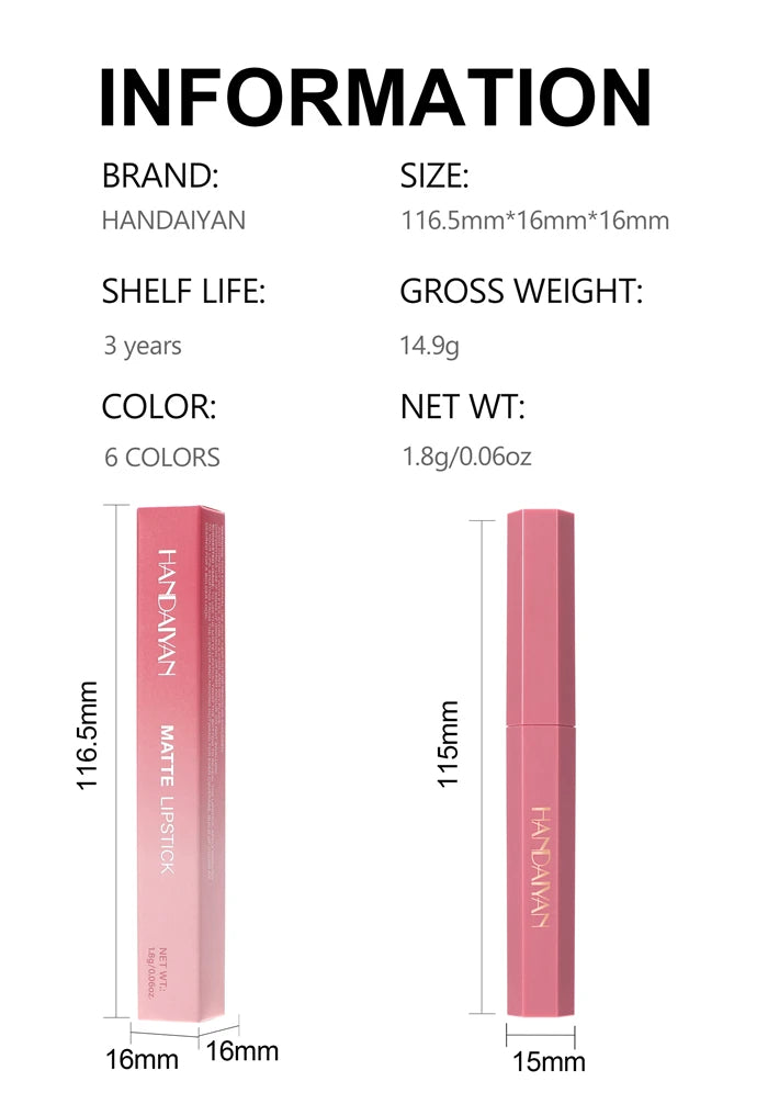 Matte Lipstick Pencil Waterproof Long Lasting Non-Stick Cup Sexy Red Matte Solid Lip Gloss Nude Pink Lipstick Pen Makeup -6 Colors