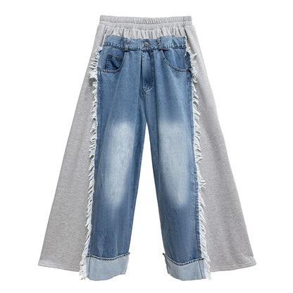 NYFS Europe United States Patchwork Loose plus Size Women's Jeans Elastic Waist Trousers Autumn Fashion Denim Wide-leg pants