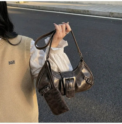 Shoulder Bags Y2K Retro Style Shoulder Bag, Maillard Pleated Rivet Armpit Bag, Fashionable Ladies Cool Leather Shoulder Bag