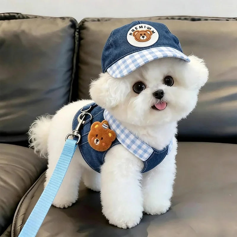 Summer Vest Dog Harness Leash Set and Dog Hat Cute Bear 2026 Dog Clothes Pet Supplies Puppy Denim Harness Cat Dog Accessories