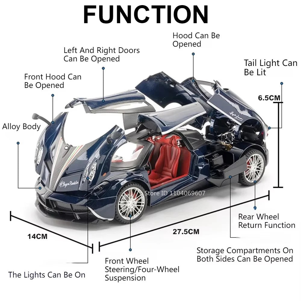 Pagani Huayra 1:18 Model Car Diecast Alloy Sport Cars Sound Light Pull Back Shock Absorption Models Festival Gift