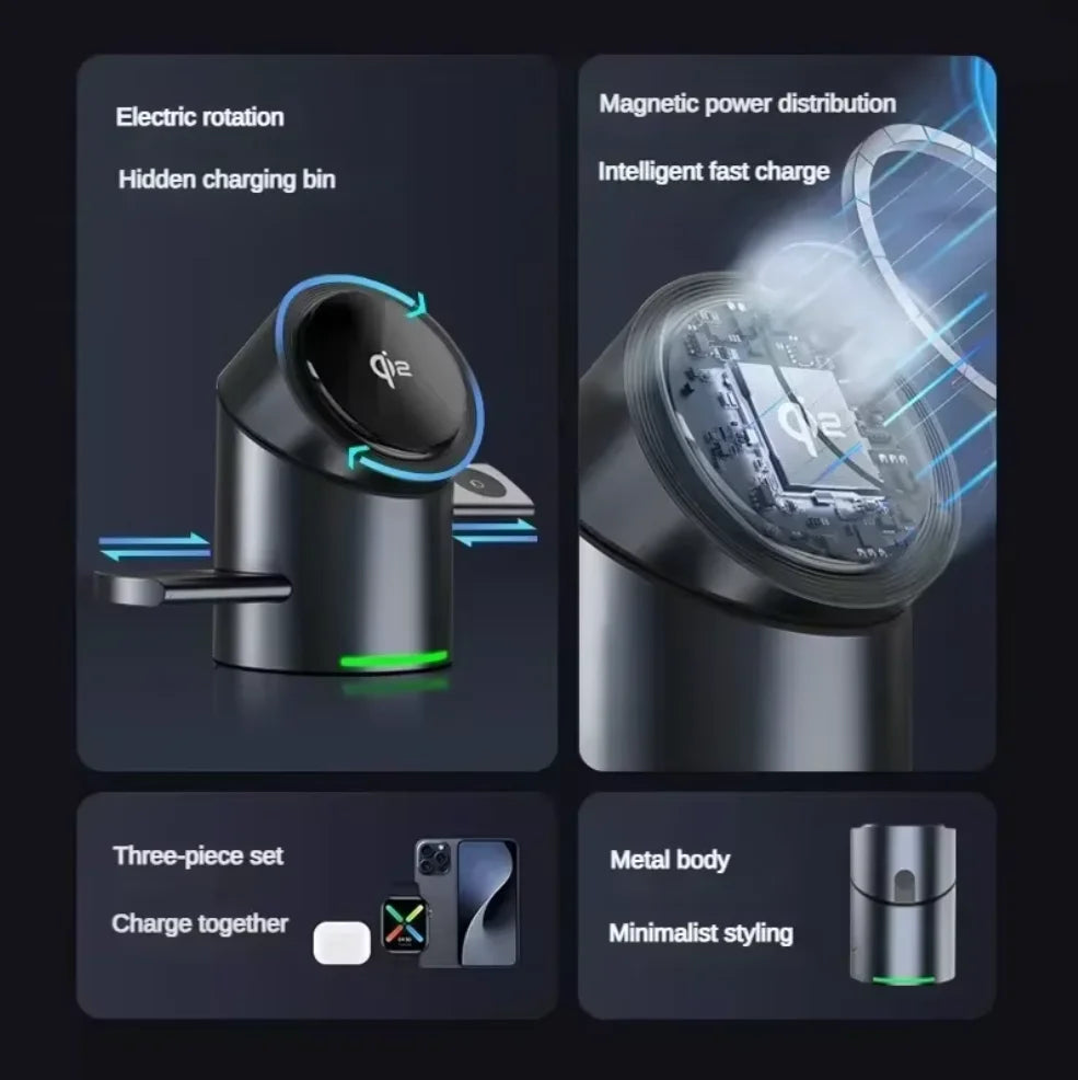 New Qi2 3In1 Magnetic Wireless Charger 15W Fast Charging Station Touch Button for IPhone Android Phones iWatch AirPods