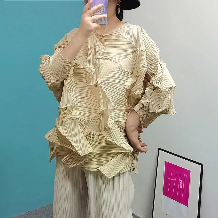 Diamond Pleated Top 8161 Artistic Raglan Sleeve Crew Neck T-Shirt  Spring Summer Fashionable Pleated Des